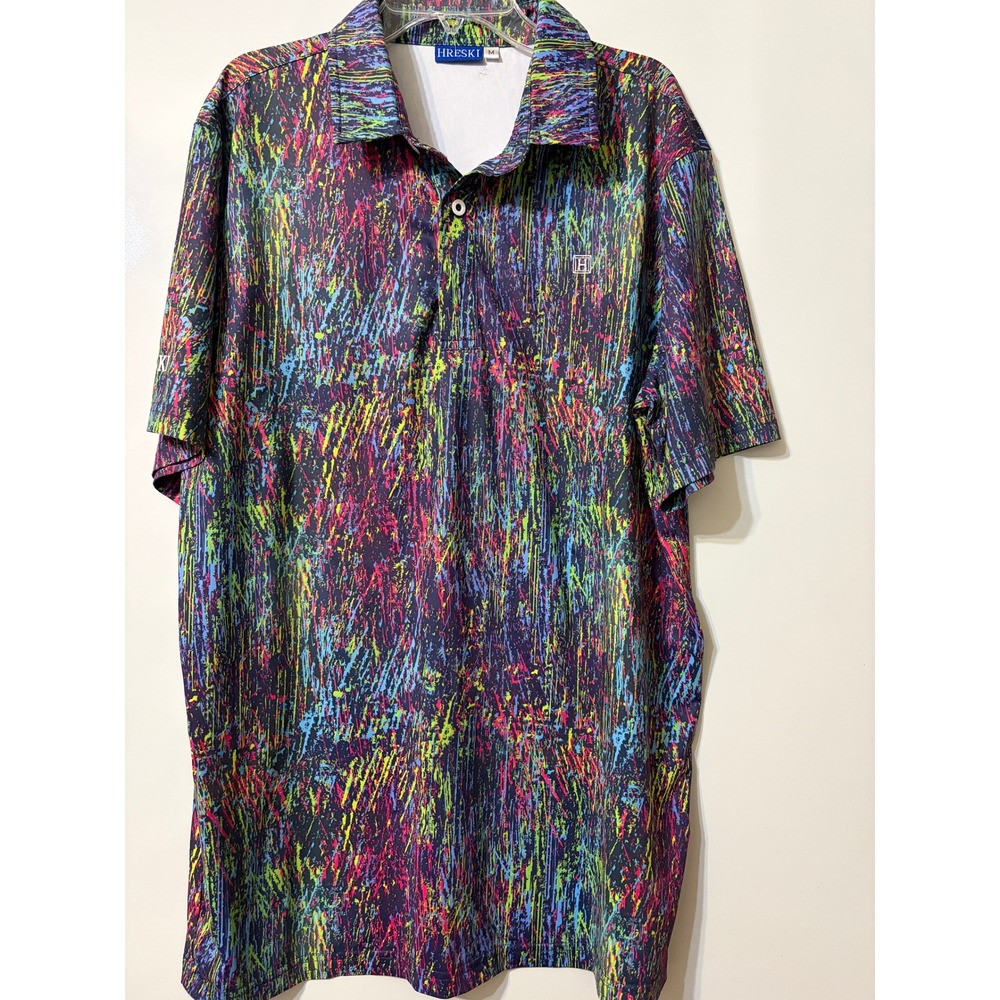 Hreski Mens Golf Polo Shirt Medium Neon Paint Splatter Abstract Multi-Color Logo
